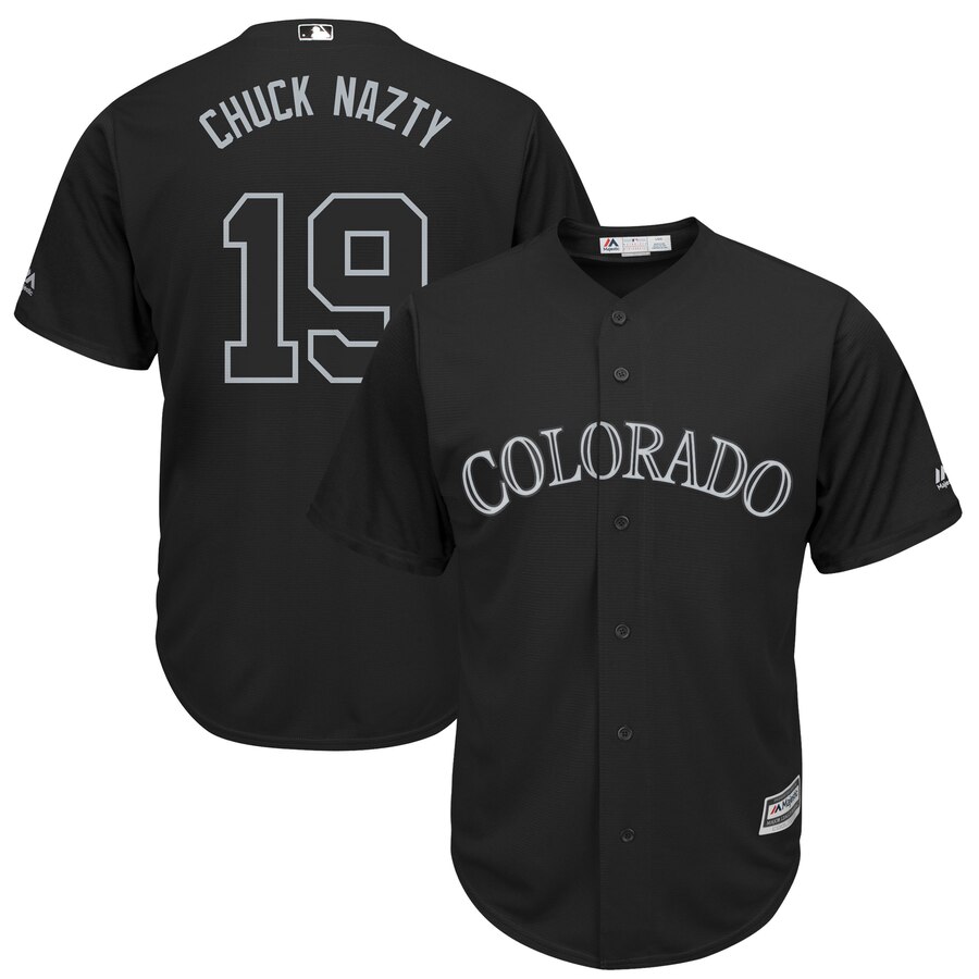 Men's Colorado Rockies #19 Charlie Blackmon "Chuck Nazty" Majestic Black 2019 Players' Weekend Replica Player Stitched MLB Jersey